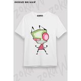 Unisex Bol Kalıp Invader Zim V3 Baskılı Tişört - Beyaz