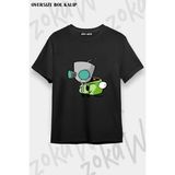Unisex Bol Kalıp Invader Zim V4 Baskılı Tişört - Siyah