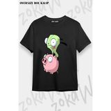 Unisex Bol Kalıp Invader Zim V6 Baskılı Tişört - Siyah
