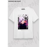 Unisex Bol Kalıp Jujutsu Kaisen Gojo Satoru V13 Baskılı Tişört - Beyaz - XL