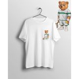 Unisex Bol Kalıp Kort Tenis Tenisçi Ayı Teddy Bear Bisiklet Yaka Baskılı T-Shirt - Beyaz