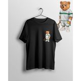 Unisex Bol Kalıp Kort Tenis Tenisçi Ayı Teddy Bear Bisiklet Yaka Baskılı T-Shirt - Siyah - M