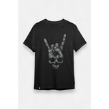 Unisex Bol Kalıp Rock & Roll El Işaretli Kuru Kafa Tişört - Siyah - M