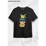 Unisex Bol Kalıp Siyah Pikachu ve Ash Pokemon Tasarım Baskılı T-Shirt - XL
