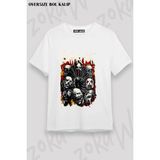 Unisex Bol Kalıp Slipknot V28 Baskılı Tişört - Beyaz