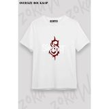 Unisex Bol Kalıp Slipknot V48 Baskılı Tişört - Beyaz