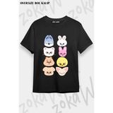 Unisex Bol Kalıp Stray Kids Skzoo V4 Baskılı Tişört - Siyah - M