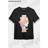 Unisex Bol Kalıp Stray Kids Skzoo V5 Baskılı Tişört - Siyah - XL