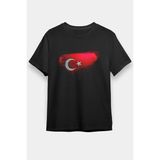 Unisex Bol Kalıp Türkiye - Turkey Bayrağı Baskılı Siyah Tişört - M