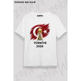 Unisex Bol Kalıp Türkiye World Cup 26 Dünya Kupası Baskılı Tişört V12 - Beyaz - M