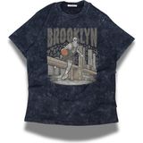 Unisex Brooklyn Yazılı Yıkamalı T-Shirt, Oversize Basketbol Temalı Bisiklet Yaka Retro Tişört - Siyah - 4XL