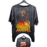 Unisex Captain Marvel Baskılı Yıkamalı Tişört, Oversize Marvel Comics Baskılı Retro T-Shirt - Siyah