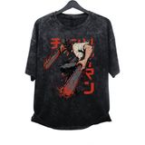 Unisex Chainsaw Man Eskitme Tişört, Oversize Anime Baskılı Yıkamalı T-Shirt - 4XL - Siyah
