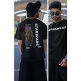 Unisex Chewbacca Sırt Baskılı Tişört, Oversize Star Wars Temalı T-Shirt - XL - Siyah