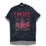 Unisex Chicago Yazılı Yıkamalı T-Shirt, Oversize Basketbol Temalı Bisiklet Yaka Retro Tişört - Siyah - 2XL
