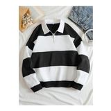 Unisex Çizgili Oversize Polo Yaka Yarım Fermuarlı Sweatshirt