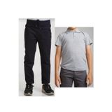Unisex Çocuk Ribana Bel Keten Siyah Okul Pantolonu + Polo Yaka Kısa Kol T-shirt
