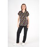 Unisex Cool Cats Club Desenli Doktor Hemşire Hastane Aşçı Mutfak Scrubs Üniforma Takım - Siyah - 2XL