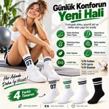 Unisex Çorap Çizgili 4'Lü Set 07 Good Vibes Yazılı Siyah Beyaz Uzun Soket Spor Kolej Stil Rahat Şık