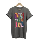 Unisex Cowgirl Kovboy Çizme Baskılı %100 Pamuk Regular Fit Bisiklet Yaka T-Shirt - Gri