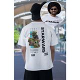 Unisex Cute Yoda Sırt Baskılı Tişört, Oversize Star Wars Yazılı T-Shirt - 2XL - Beyaz