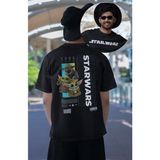 Unisex Cute Yoda Sırt Baskılı Tişört, Oversize Star Wars Yazılı T-Shirt - Siyah