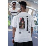 Unisex Darthvader Sırt Baskılı Tişört, Oversize Star Wars Yazılı T-Shirt - XL - Beyaz