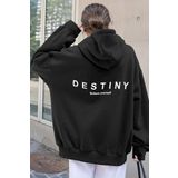 Unisex Destiny Baskılı Siyah Oversize Kapüşonlu Sweatshirt