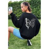 Unisex Drawing Butterflies Baskılı Bisiklet Yaka Sweatshirt