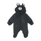 Unisex Füme Ayı Nakışlı Kapşonlu Peluş Tulum