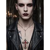 Unisex Gotik Haç Kolye 3 Renk Kırmızı Gri Gümüş – Vintage Çapraz Kolye, Zincirli Retro Punk Kolye HC03