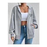 Unisex Gri Kalp Baskılı Ince Mevsimlik Kapşonlu Oversize Hırka