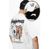 Unisex Happiness Sırt Baskılı Tişört, Oversize Panda Temalı Bisiklet Yaka T-Shirt - Beyaz