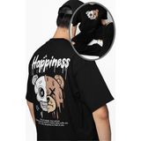Unisex Happiness Sırt Baskılı Tişört, Oversize Panda Temalı Bisiklet Yaka T-Shirt - Siyah