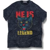 Unisex He Is Legend Yazılı Yıkamalı T-Shirt, Oversize Panter Temalı Retro Tişört - Siyah