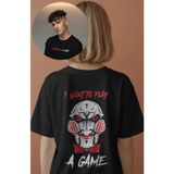 Unisex I Want To Play A Game Sırt Yazılı Tişört, Oversize Korku Filmi Testere Baskılı T-Shirt - 4XL - Siyah