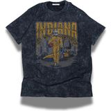 Unisex Indiana Yazılı Yıkamalı T-Shirt, Oversize Basketbol Temalı Vintage Tişört - Siyah - 2XL