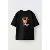 Unisex Kafasına Civili Sopa Giren Kurukafa Tasarım Baskılı Pamuk Sıyah Oversize T-Shirt - Siyah - XL