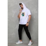 Unisex Kapşonlu Kolsuz Oversize Baskılı Tişört - Beyaz - 0 Siyah