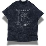 Unisex Karma Is A Cat Baskılı Yıkamalı Tişört, Oversize Taylor Swift Baskılı Eskitme T-Shirt - 4XL - Siyah