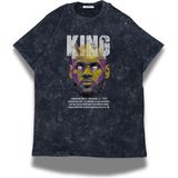 Unisex King Yazılı Yıkamalı T-Shirt, Oversize Basketçi Lebron James Temalı Retro Tişört - Siyah - XS