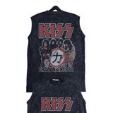 Unisex Kiss Crazy Nights 88 Sırt Baskılı Yıkamalı Bisiklet Yaka Kolsuz Vintage Tişört - XS - Siyah