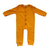 Unisex Kız ve Erkek Bebek Tulum, Düz Renkli Ahşap Düğme Tasarımlı Organik Bebek Tulumu - 9 - 12 Ay - Hardal