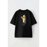 Unisex Köpekbalıgı Kostumu Giymis Kurbaga Tasarım Baskılı Pamuk Sıyah Oversize T-Shirt - Siyah