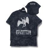 Unisex LED Zeppelin Ense Baskılı Yıkamalı T-Shirt, Oversize Rock Grup Temalı Retro Tişört - Siyah