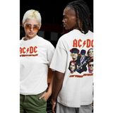 Unisex Let There Be Rock Ac-Dc Sırt Baskılı Tişört, Oversize Rock Grubu Temalı T-Shirt - Beyaz