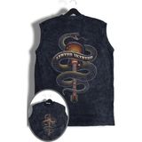 Unisex Lynyrd Skynyrd Snake Sırt Baskılı Yıkamalı Bisiklet Yaka Kolsuz Retro Tişört - Siyah