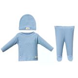 Unisex Mavi Beyaz Noktalı Kendinden Eldivenli Bereli 3'Lü Takım