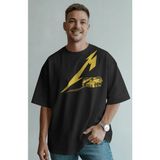 Unisex Metallica Sarı Logo Baskılı Tişört, Oversize Rock Band Temalı Bisiklet Yaka T-Shirt - Siyah - 2XL