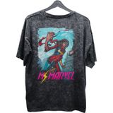 Unisex Ms. Marvel Baskılı Yıkamalı Tişört, Oversize Marvel Comics Baskılı Eskitme T-Shirt - 3XL - Siyah